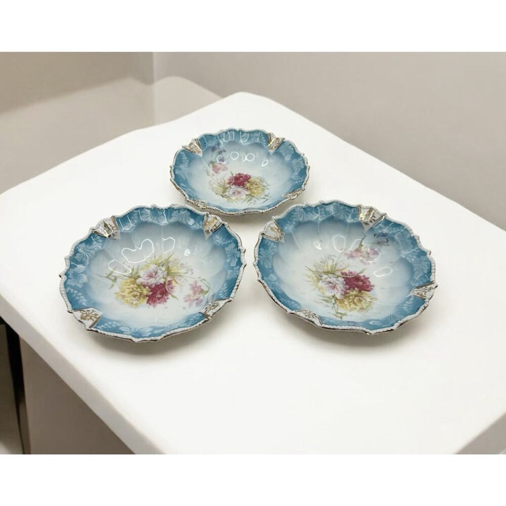 Antique Porcelian Berry Fruit Dessert Bowls Hand Painted Blue Floral Set of 3